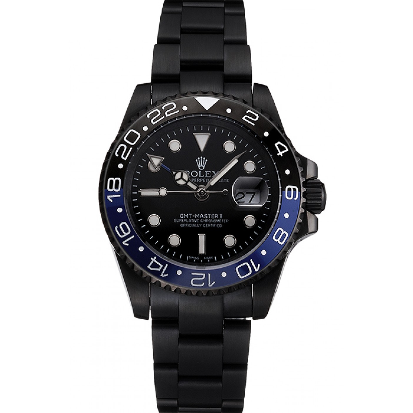 Swiss Rolex GMT Master II Black Dial Blue And Black Bezel Black PVD Case And Bracelet